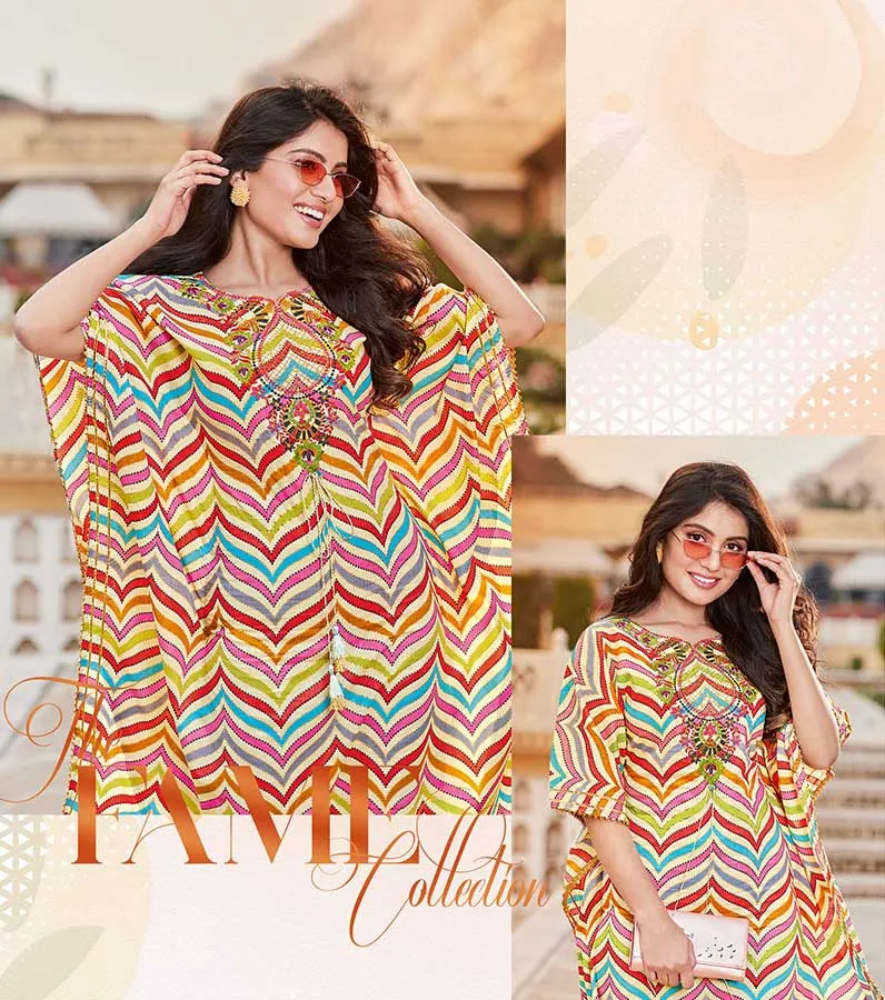 Kajal Style Cotton Multicolored Kaftans Dress with Fancy Embroidery